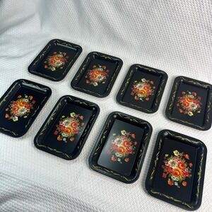 Vintage Black Metal Toleware Miniature Trays Floral Gold Filigree 8ct 6.5x4.5